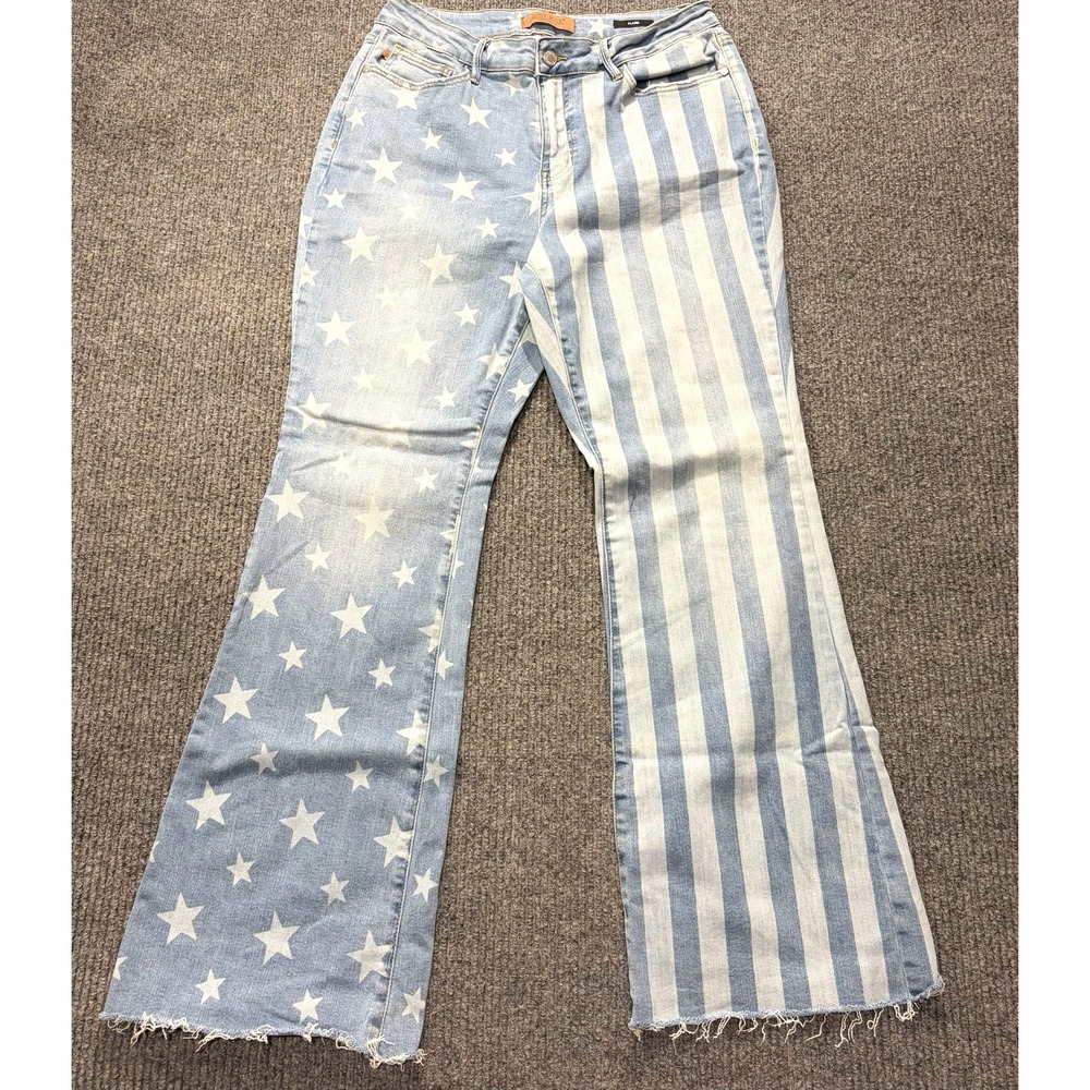 Judy Blue Flare Jeans Patriotic Stars & Stripes Raw Hem JB88695 MD Size 14W